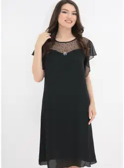Rochie evazata din voal negru si tull cu buline din catifea