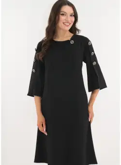 Rochie evazata neagra cu dungi violet si nasturi decorativi