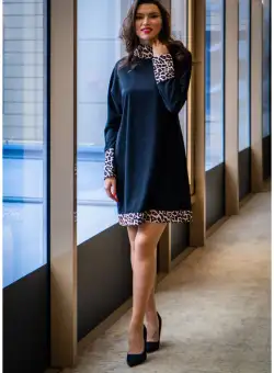 Rochie evazata neagra cu insertii cu animal print bej