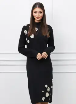 Rochie Felicia neagra din tricot cu imprimeu