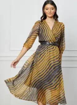 Rochie Isabela gri cu dungi galbene si curea in talie