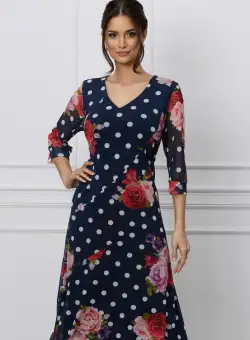 Rochie Iulia bleumarin cu buline si trandafiri roz