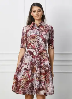 Rochie Ivona bej cu imprimeuri maro si nasturi