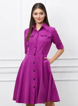 Rochie Ivona magenta cu nasturi si buzunare