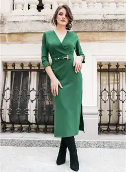 Rochie Kristina verde office cu crepeuri pe fusta si curea in talie