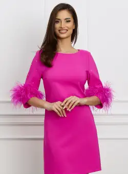 Rochie LaDonna fucsia cu pene si strasuri pe maneci