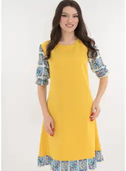 Rochie lejera mustar cu maneci si volane colorate
