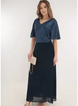 Rochie lunga bleumarin cu glitter in partea superioara