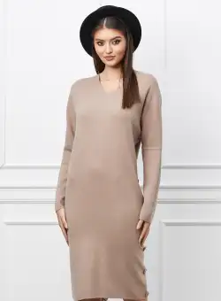 Rochie Mara bej din tricot cu nasturi pe lateral