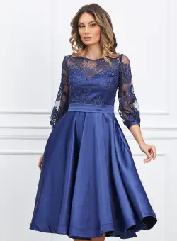 Rochie MBG bleumarin cu dantela la bust si crepeu maxi pe fusta