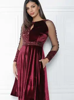 Rochie MBG bordo din catifea cu paiete si maneci din tull