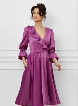 Rochie MBG din tafta magenta cu volanas la bust