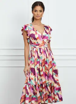 Rochie MBG fucsia cu imprimeuri mov si volan la baza