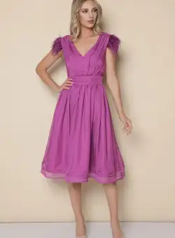 Rochie MBG fucsia din voal cu pene
