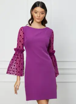 Rochie MBG magenta cu maneci evazate din tull cu buline catifelate