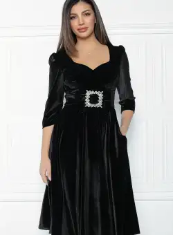 Rochie MBG neagra din catifea cu funda si catarama in talie