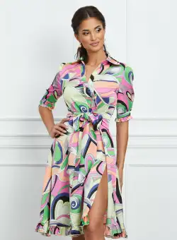Rochie MBG verde pastel cu imprimeuri roz si cordon in talie