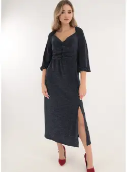 Rochie midi din lurex bleumarin cu fronseuri la bust
