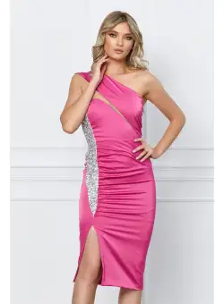 Rochie Moze fucsia cu paiete si crepeu lateral