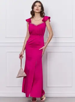 Rochie Moze lunga fucsia cu broderie la bust