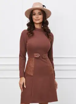 Rochie Moze maro cu insertii din piele ecologica
