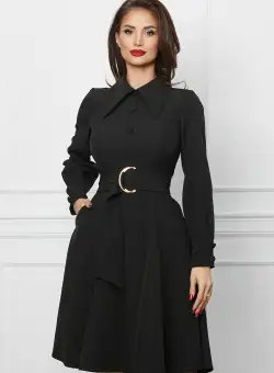 Rochie Moze neagra cu nasturi pe bust si catarama in talie