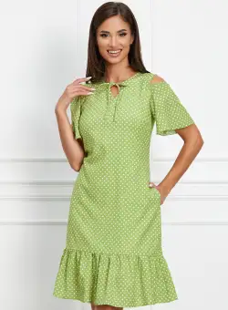 Rochie Moze verde cu buline si decupaj la umeri