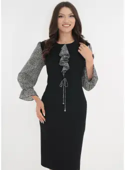 Rochie neagra cu maneci si volanas din voal cu buline albe