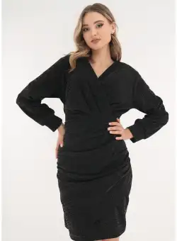 Rochie neagra din lurex cu fronseuri si decolteu parte peste parte