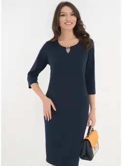 Rochie office bleumarin cu accesoriu argintiu la decolteu