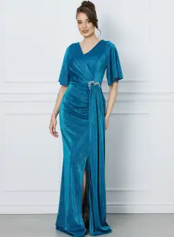 Rochie Roxi lunga din lurex turcoaz cu accesoriu in talie