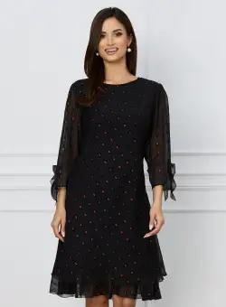 Rochie Sabrina neagra cu buline bordo metalizat si volanas la baza