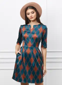 Rochie Vera turcoaz cu imprimeuri maro