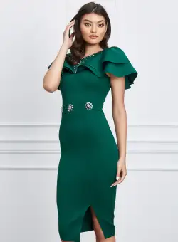 Rochie Vera verde din neopren cu strasuri