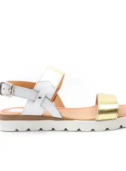 Sandale cu talpă joasă damă, din piele naturală, Leofex - 168 Alb Auriu Box