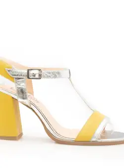 Sandale cu toc damă din piele naturală, Leofex- 225-1 Galben Argintiu Box