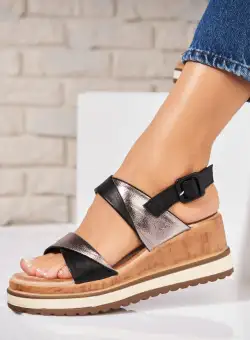Sandale dama cu platforma Negre din Piele Ecologica Adanya
