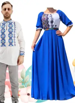 Set Cuplu 505 Camasa Traditionala si Rochie Stilizata cu motive traditionale
