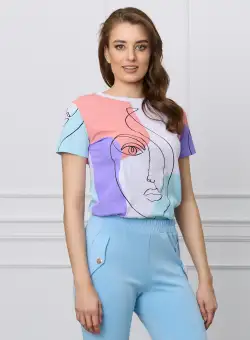 Tricou alb cu imprimeu pastelat si portret