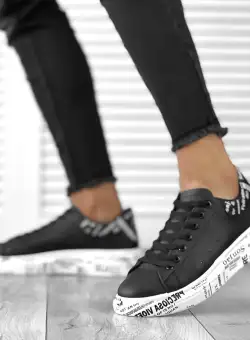 Adidasi barbati casual negri cu talpa alb cu imprimeu 12102 A2-3