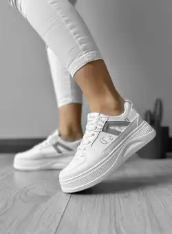 Adidasi dama casual cu talpa inalta albi cu gri CL2331 A2-1