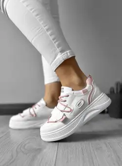 Adidasi dama casual cu talpa inalta albi cu roz CL2333