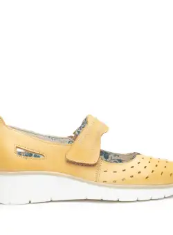 Balerini damă din piele naturală perforată, Leofex - 244 Galben Box