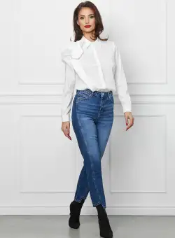 Blugi Anda albastri cu talie inalta si decupaj la baza