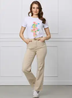 Blugi Carla bej cu croi drept si curea in talie