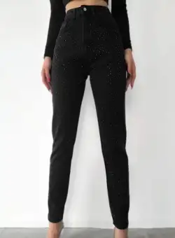 Blugi dama negri momfit cu strasuri negre