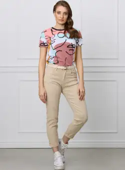 Blugi Lara bej mom fit cu buzunare si curea in talie