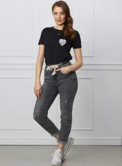 Blugi Mara gri mom fit cu esarfa si curea in talie