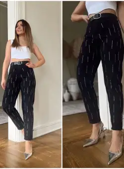 Blugi negri dama cu strasuri si talie inalta
