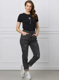 Blugi Sore gri mom fit cu buzunare si curea in talie